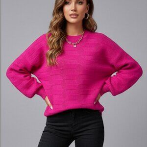 Pink Drop Shoulder Textured Knit Sweater